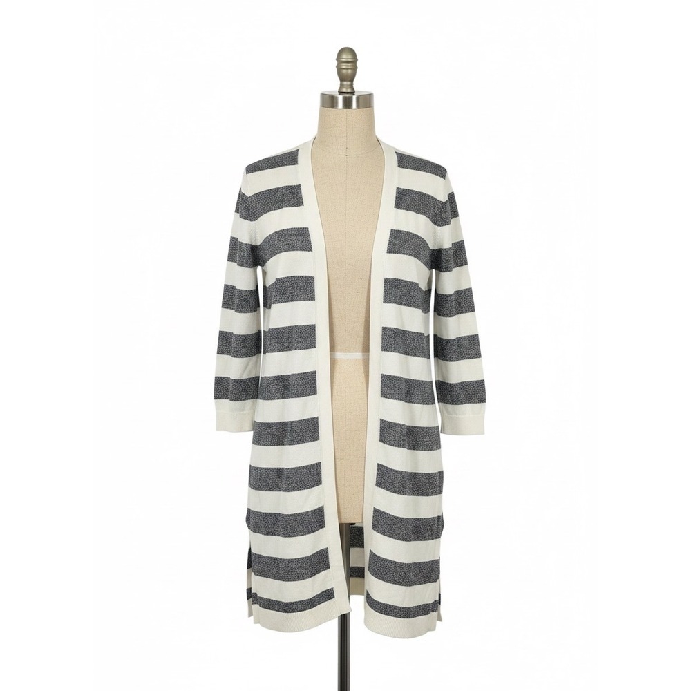Talbots Striped‎ Pima Cotton Long Cardigan Sweater Navy White Small